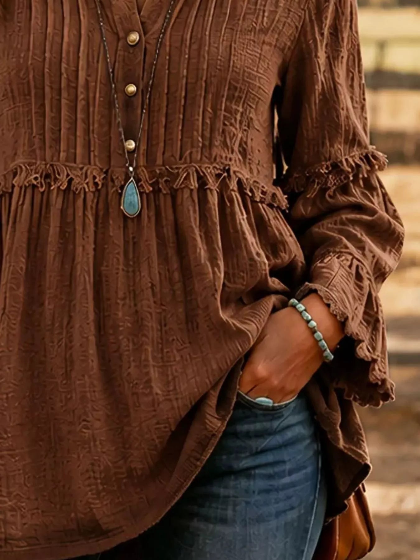 Full Size Frill Notched Long Sleeve Blouse Plus Size