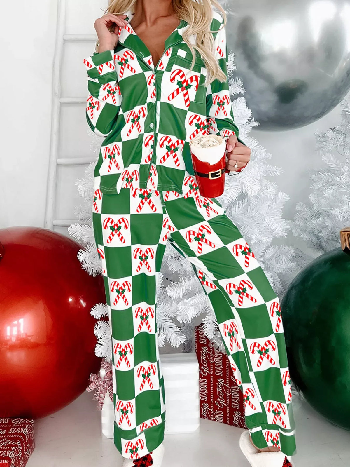 Candy Cane Checkered Print Long Sleeve Pajama Set
