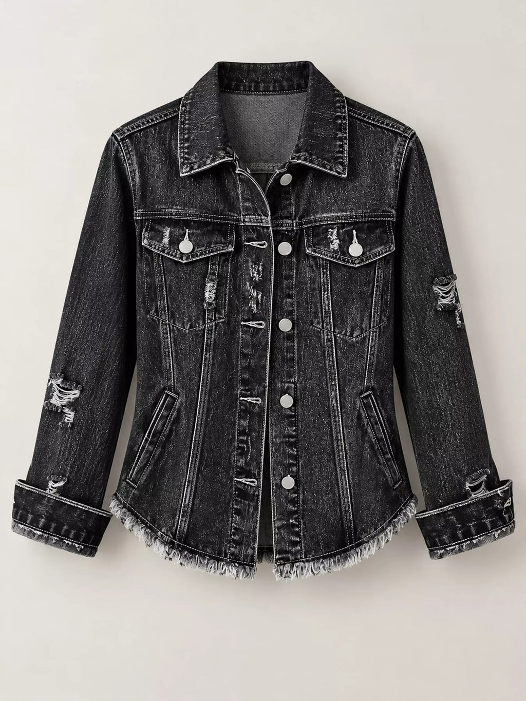 Distressed Raw Hem Denim Jacket