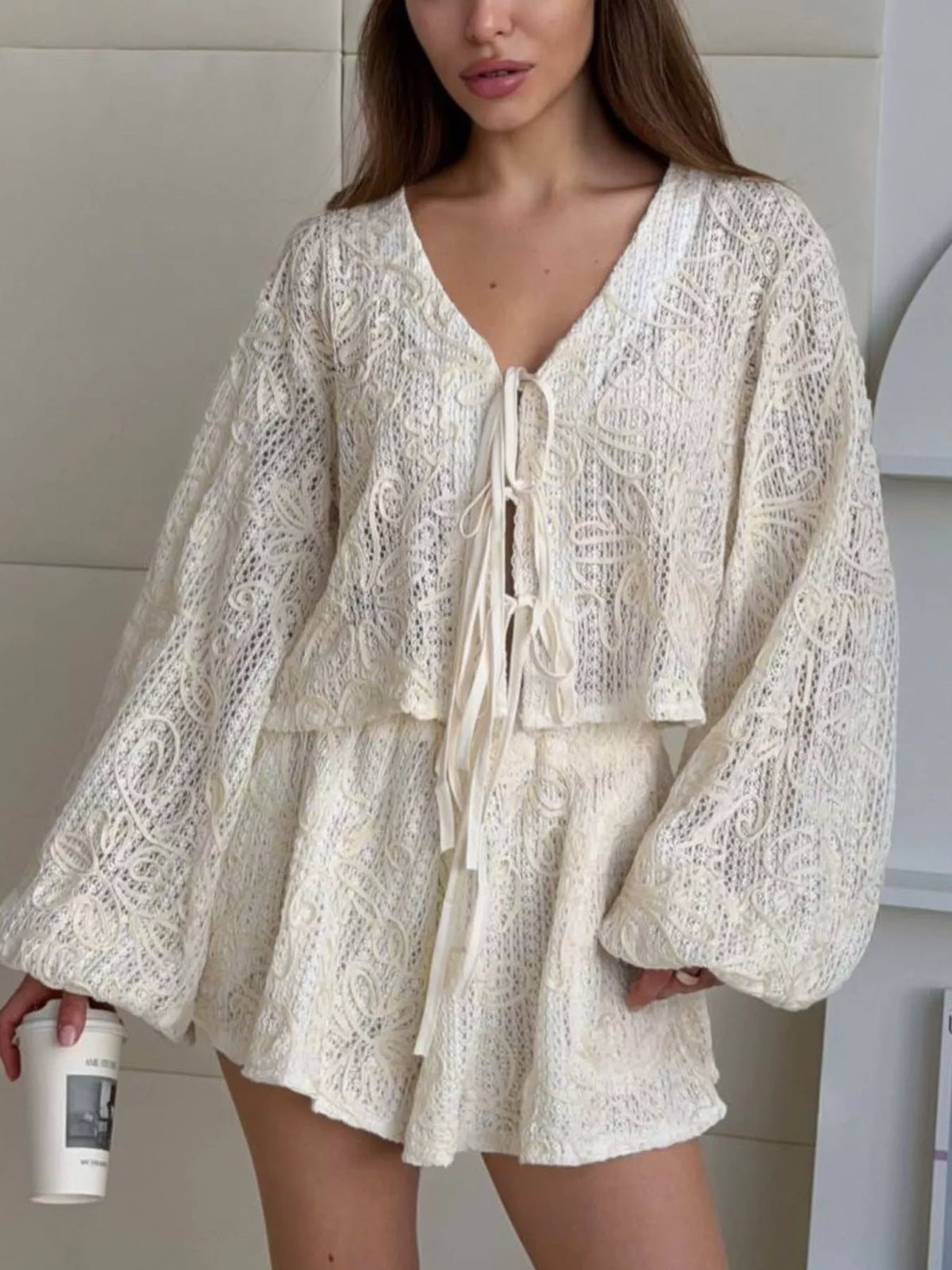 Lace Crochet Tie Front Top and Shorts Two-Piece Lounge Set