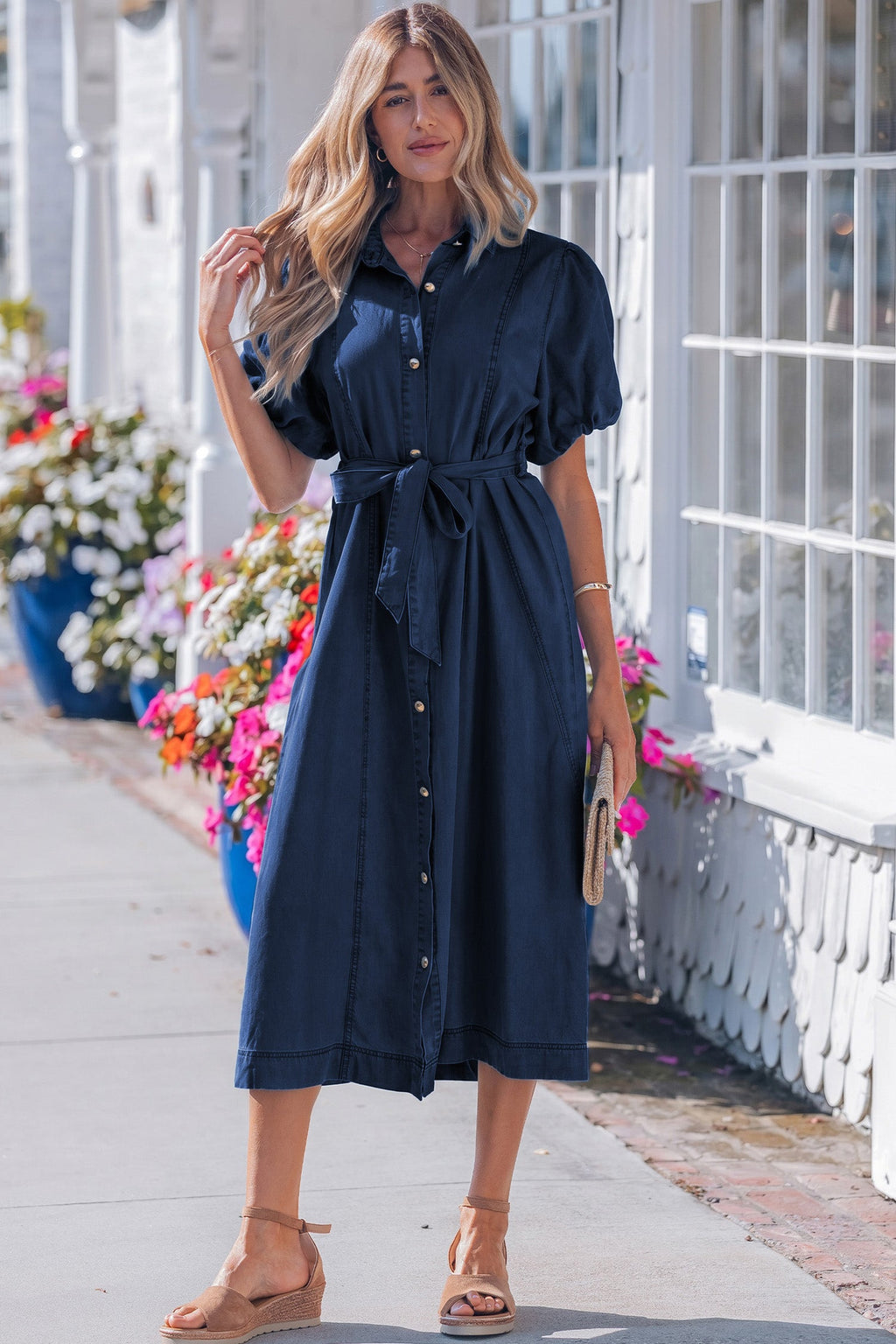 Sail Blue Full Buttons Collared Short Bubble Sleeve Long Denim Dress