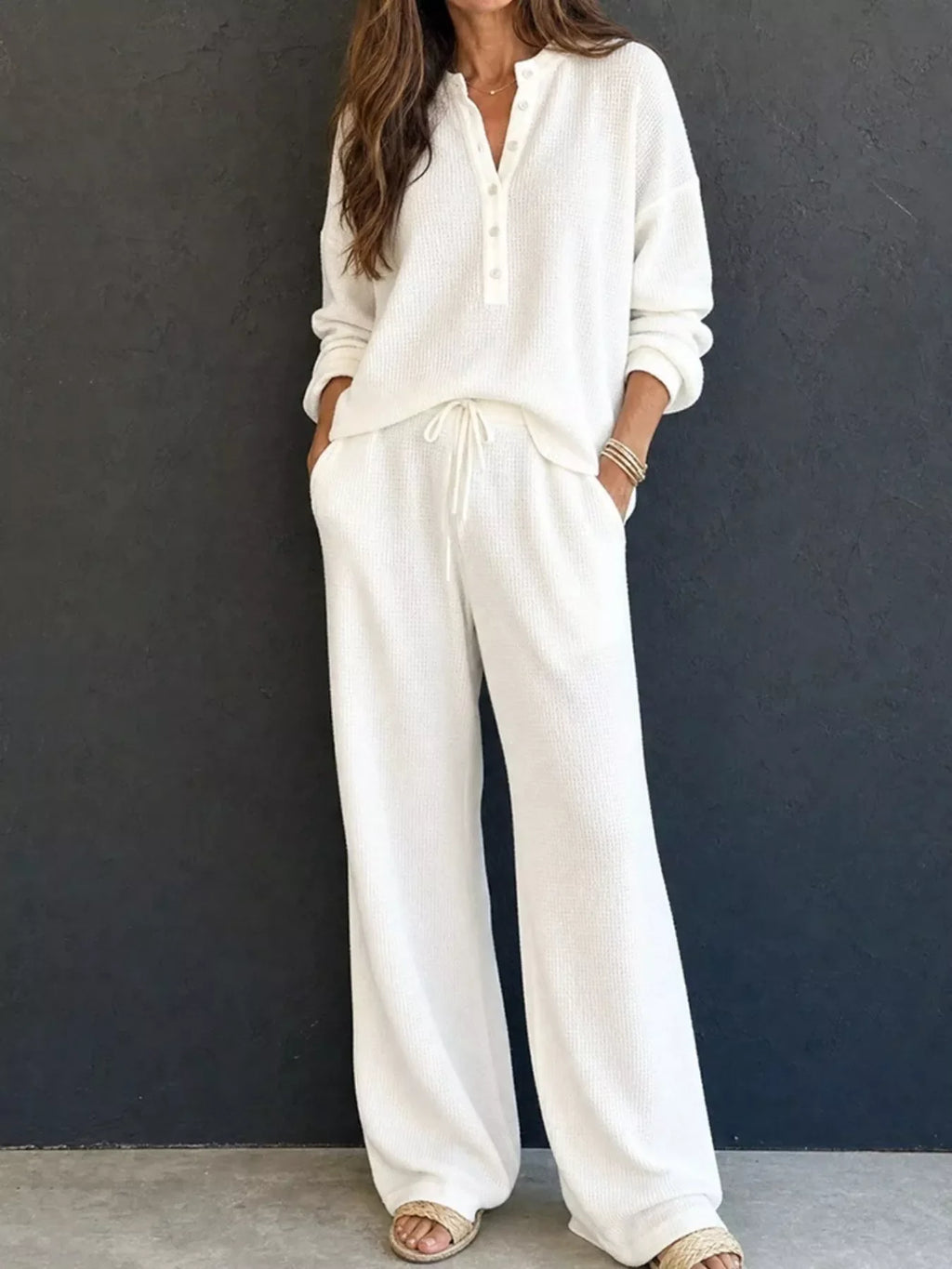 Waffle Knit Henley Top and Wide Leg Pants Set