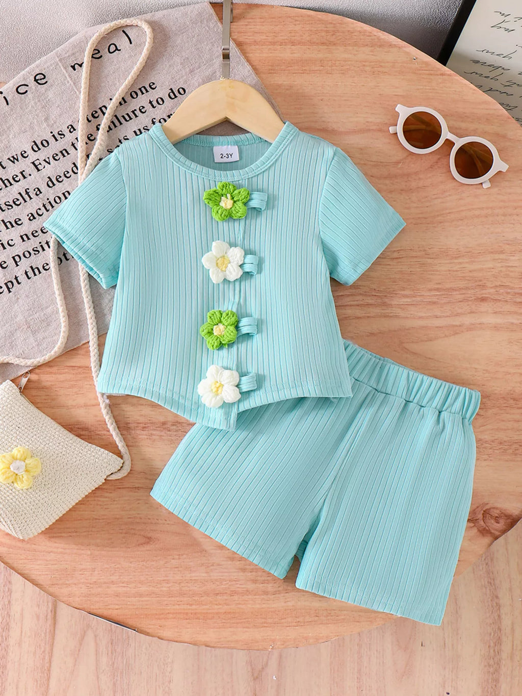 Children's Ribbed Knit Flower Top and Shorts Set