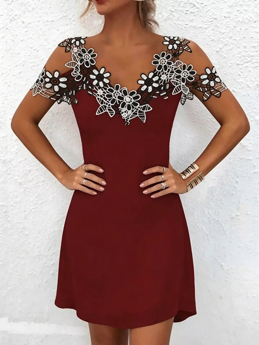 Lace Floral Trim Cold Shoulder Mini Dress