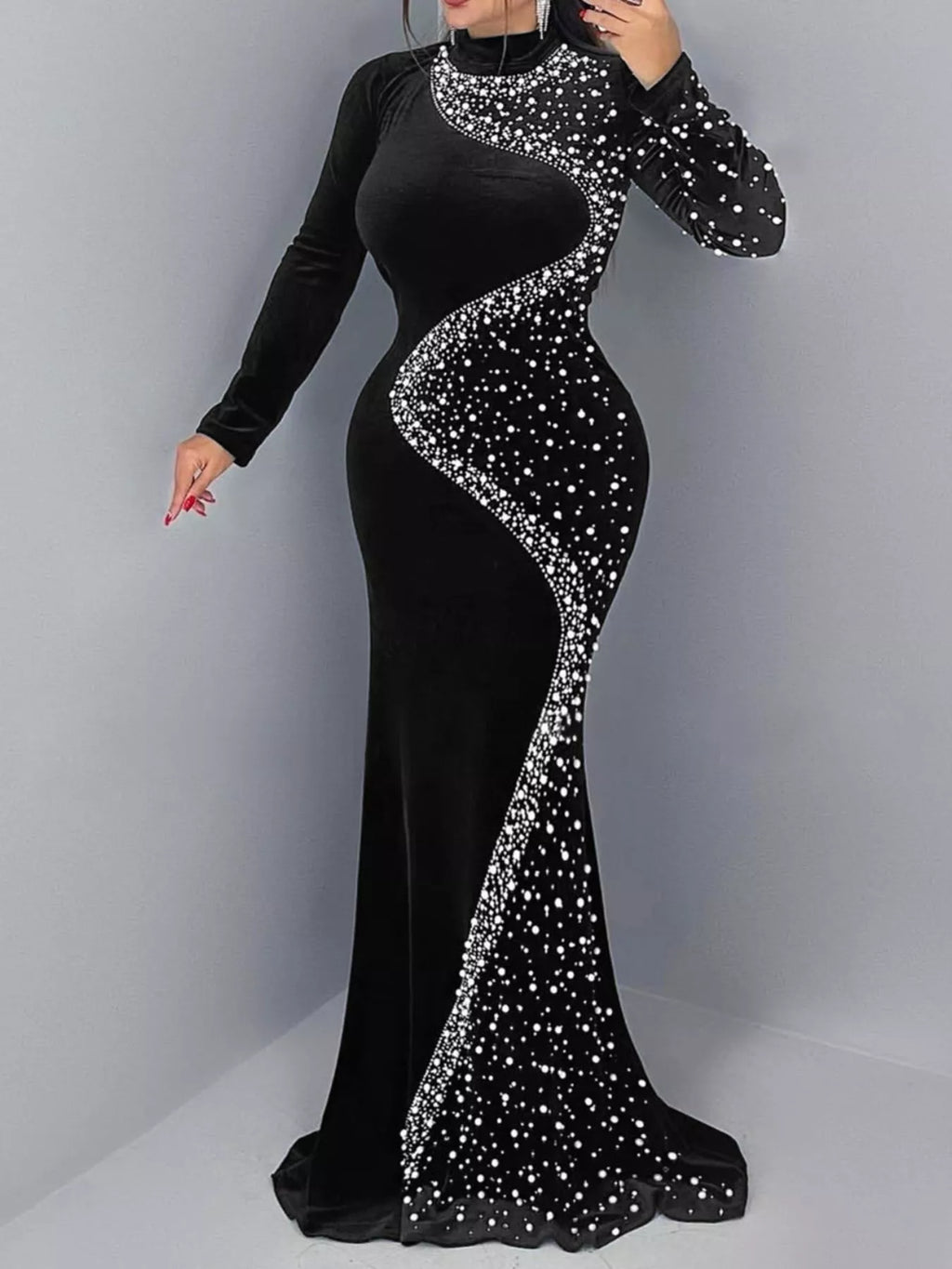 Rhinestone Embellished Velvet Mermaid Evening Maxi Dress