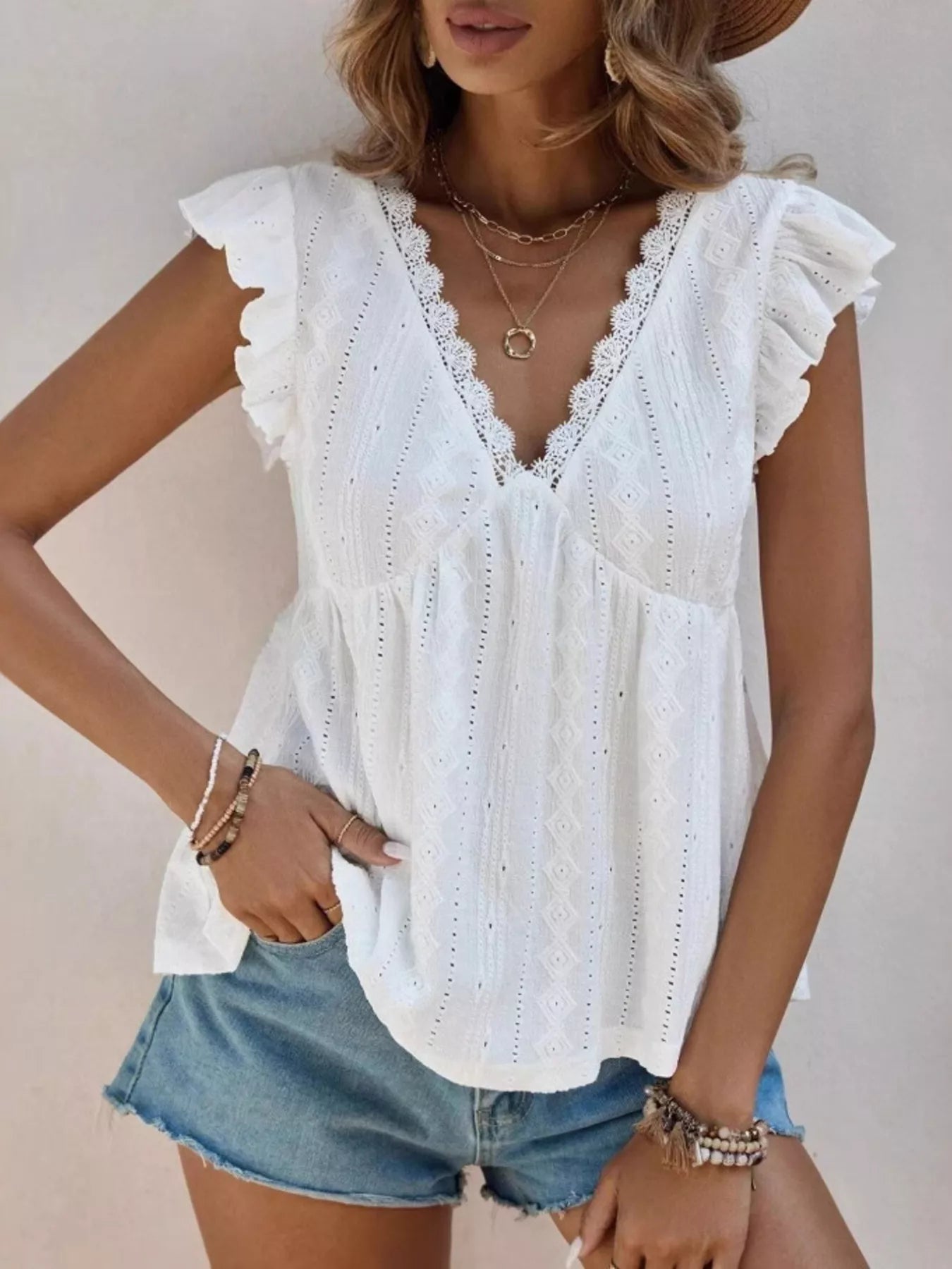 Ruffle Sleeve V-Neck Blouse
