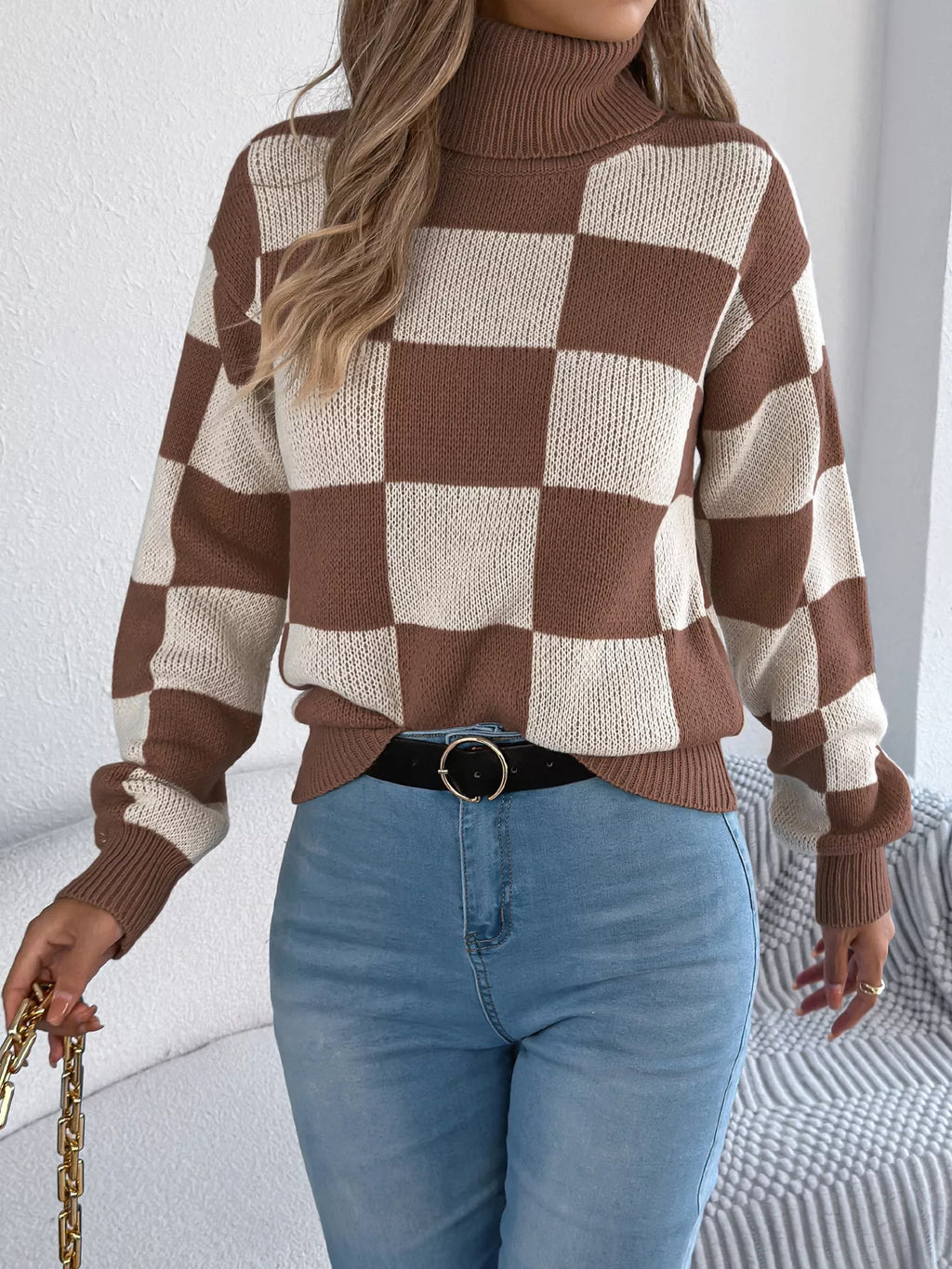 Checkered Turtleneck Long Sleeve Sweater