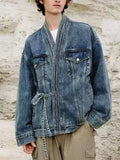Men's Plus Size Washed Tied Long Sleeve Denim Jacket