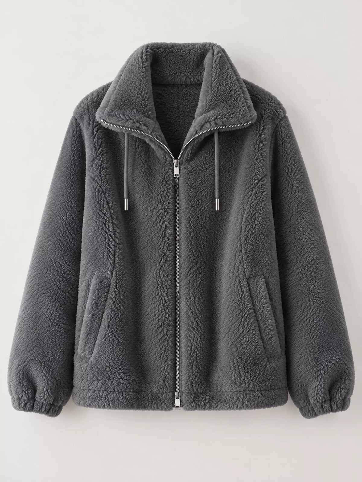 Full Size Drawstring Faux Fur Stand-Collar Zip-Up Outerwear Plus Size