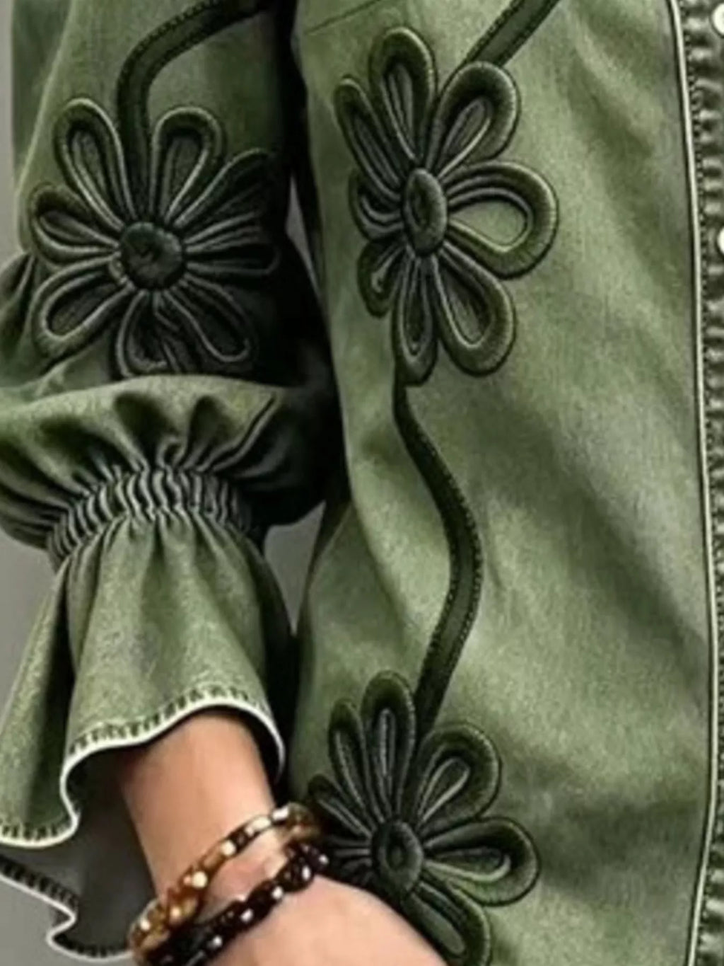 Full Size Denim Lock Floral Embroidered Shirt Plus Size