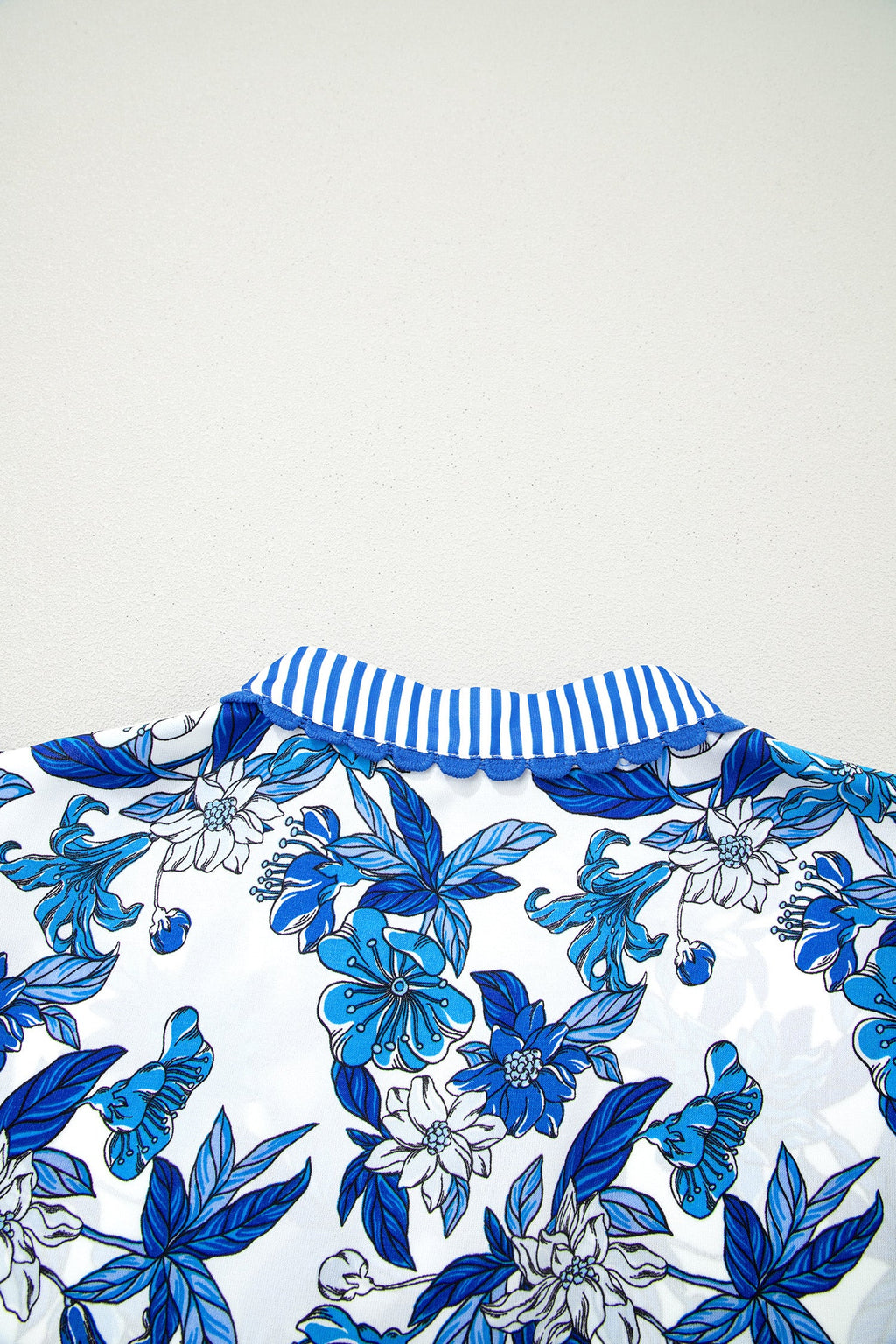 Sky Blue Floral Print Striped Patchwork Long Flounce Sleeve Ricrac Trim V Neck Blouse