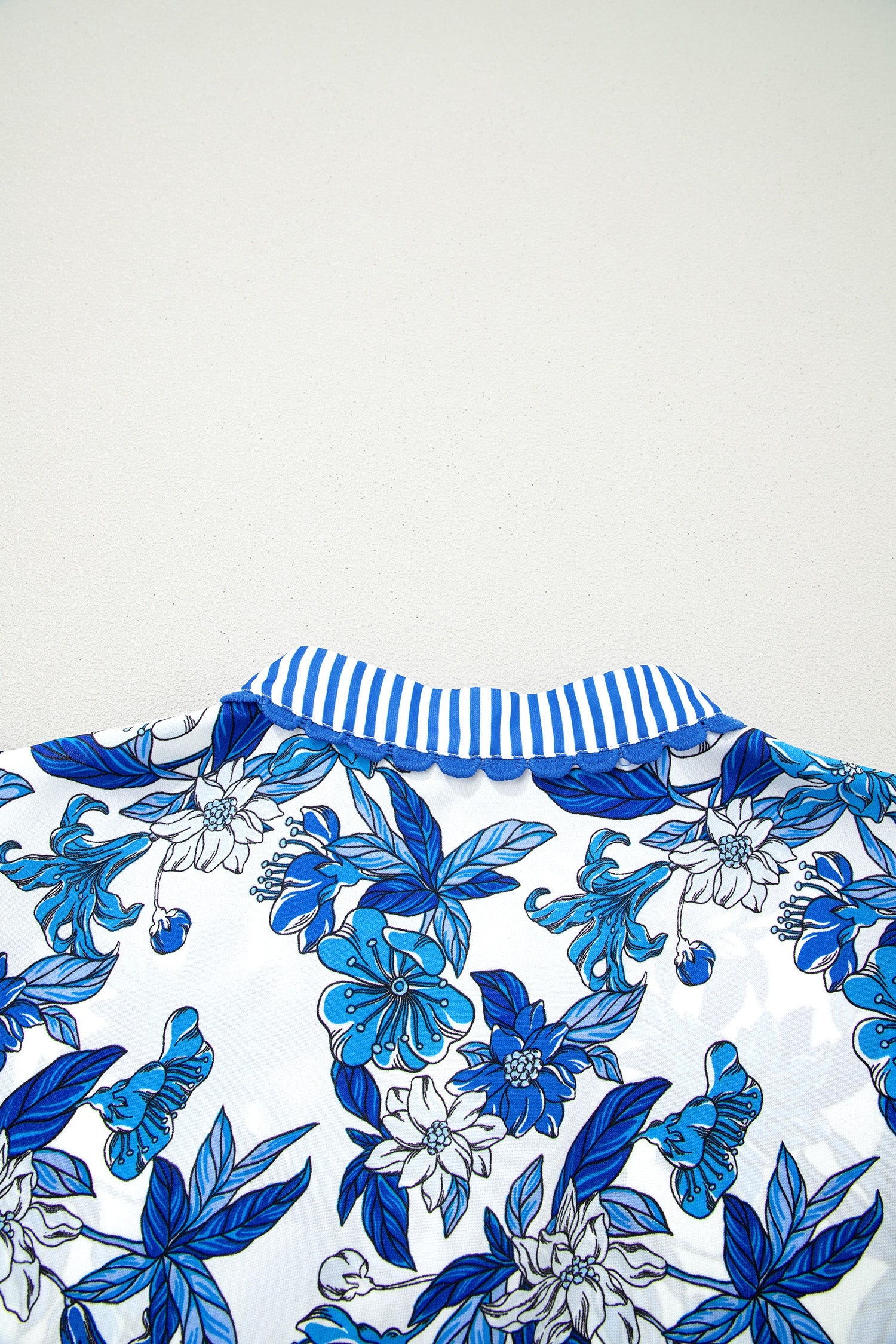 Sky Blue Floral Print Striped Patchwork Long Flounce Sleeve Ricrac Trim V Neck Blouse