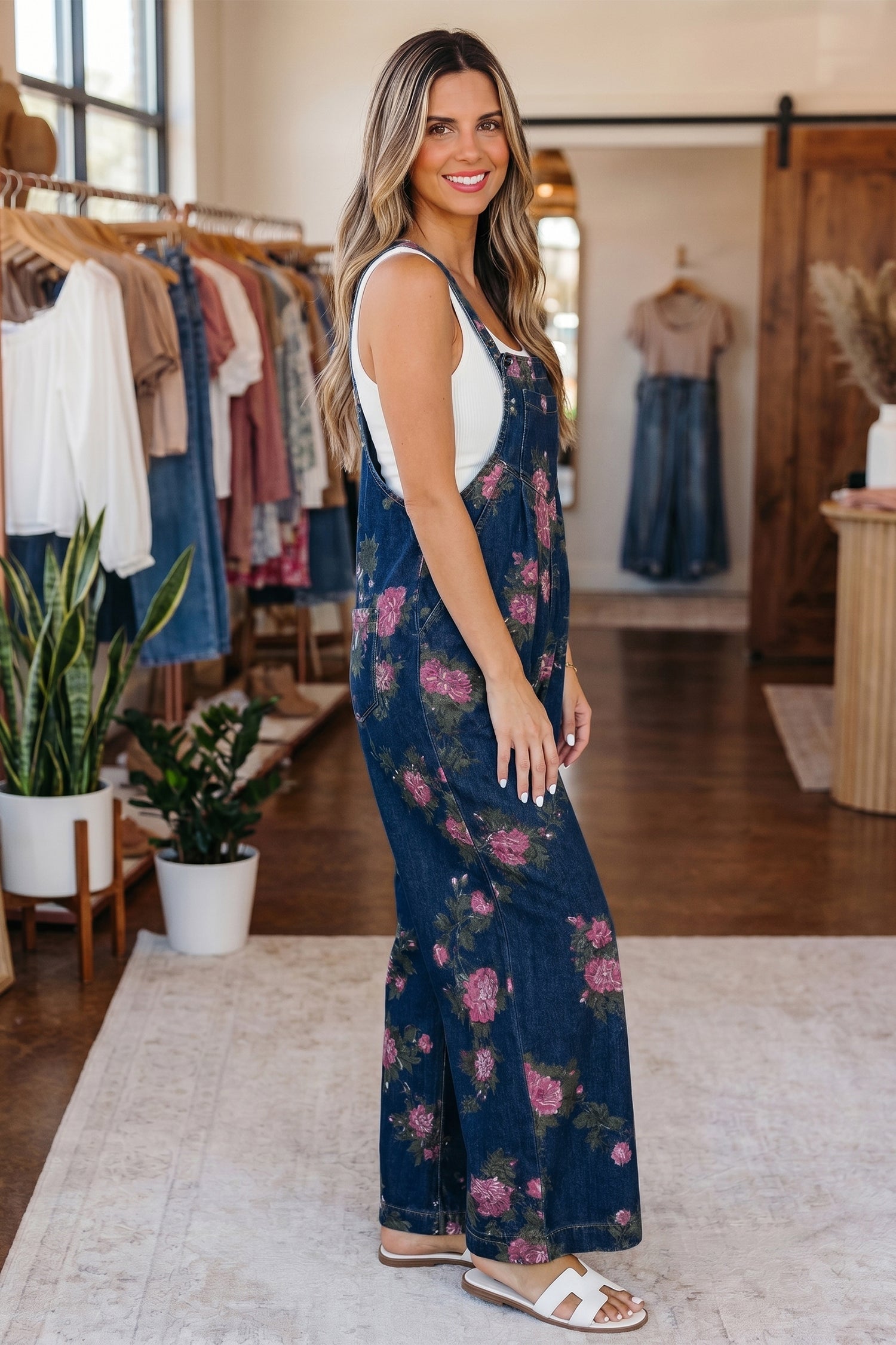 Blue Beau Floral Print Pleated High Waist Wide Leg Denim Jumpsuit