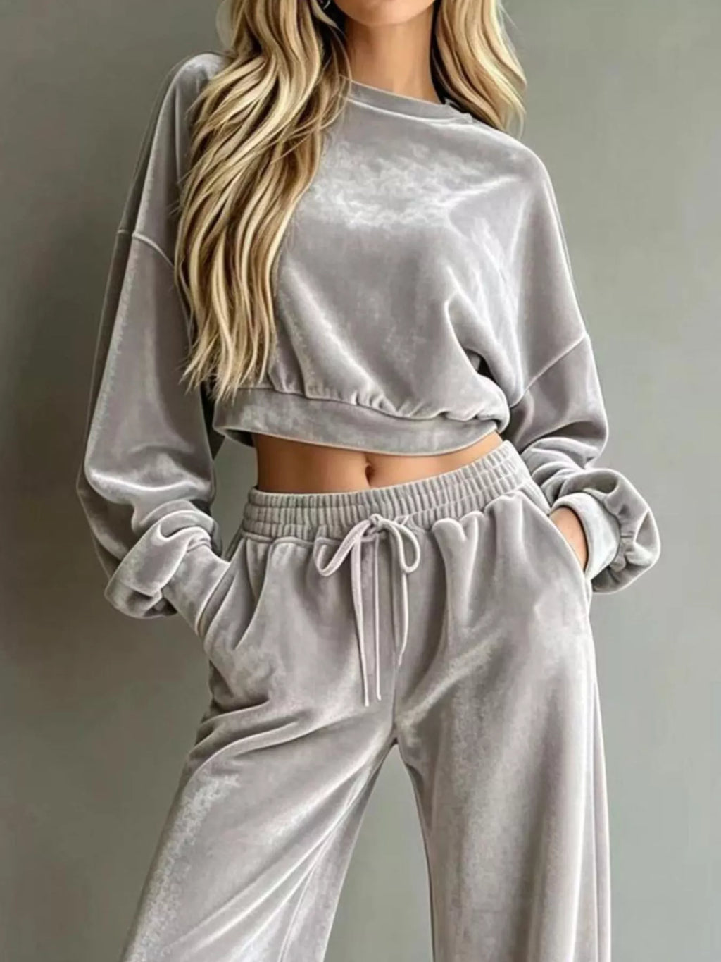 Full Size Cropped Sweatshirt and Wide-Leg Pants Set Plus Size