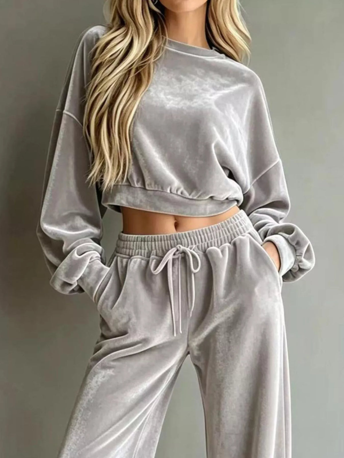 Full Size Cropped Sweatshirt and Wide-Leg Pants Set Plus Size