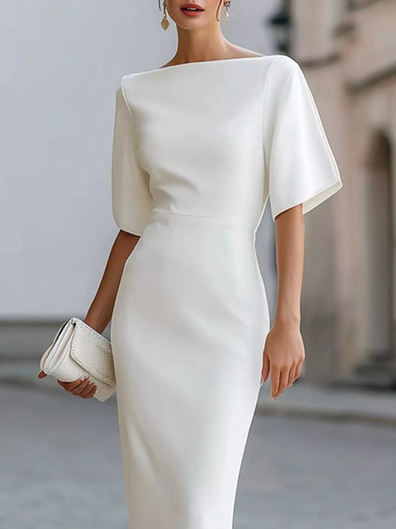 Half Sleeve Boat Neck Midi Dress
