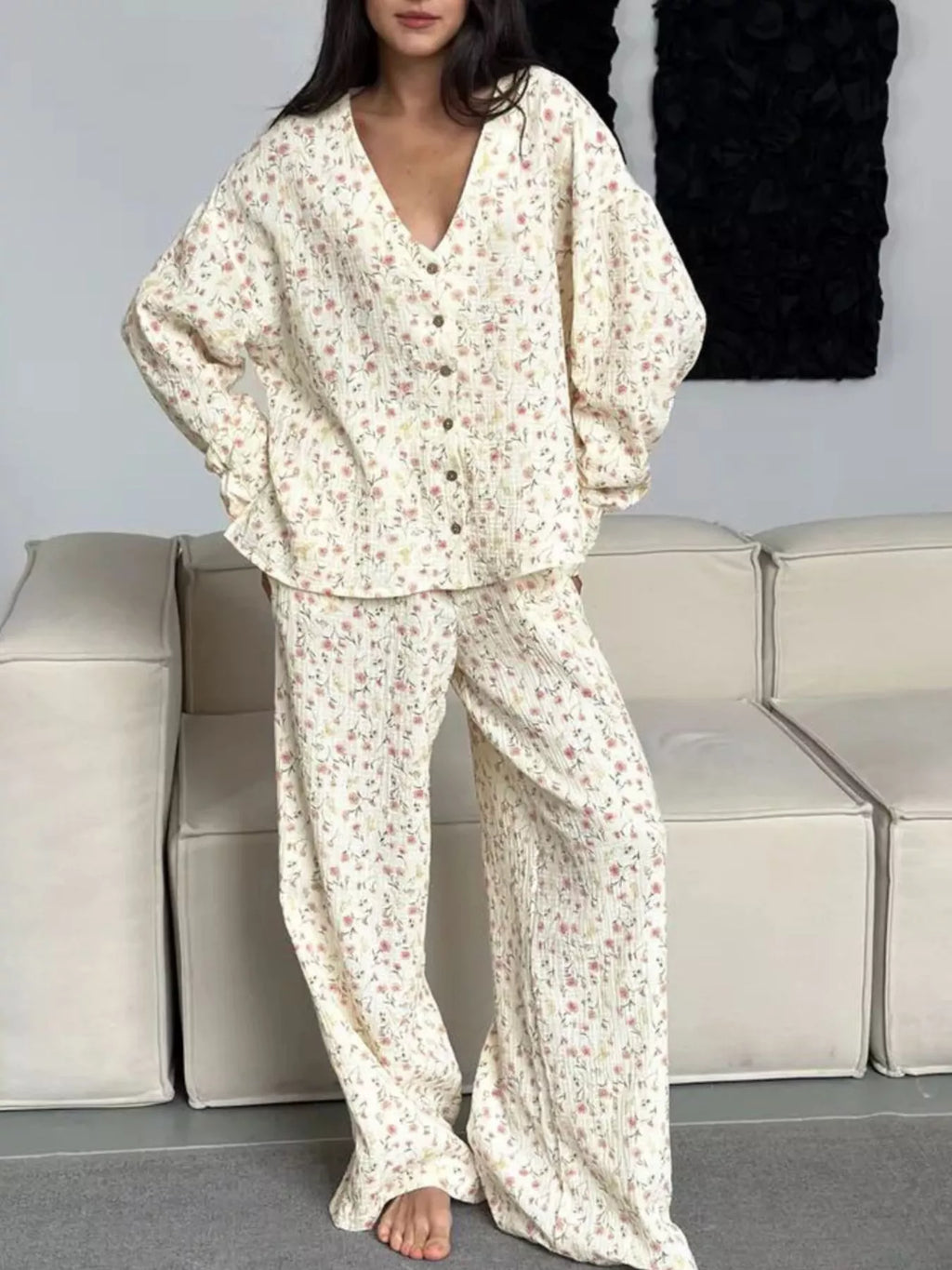 Floral Print Button-Down Top and Pants Lounge Set