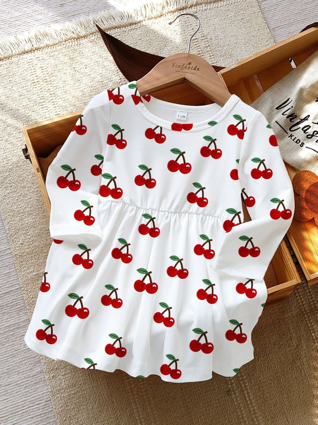 Children's Cherry Print Long Sleeve Casual Dress
