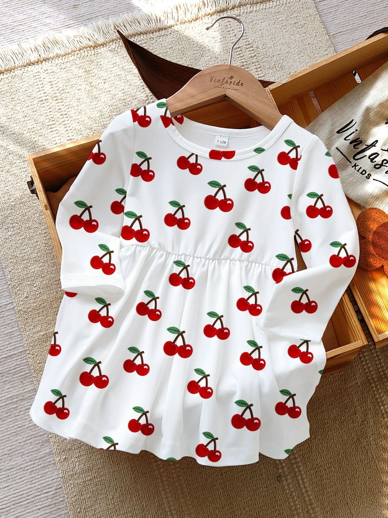 Children's Cherry Print Long Sleeve Casual Dress