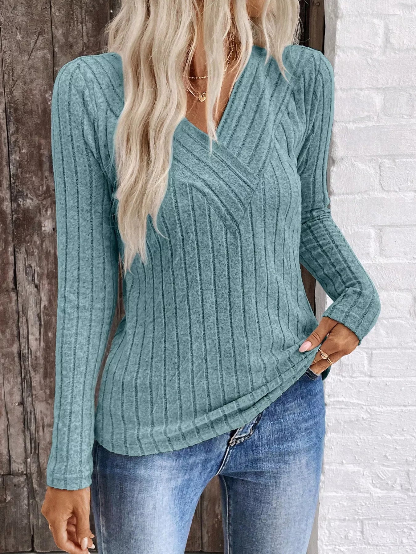 Ribbed V-Neck Long Sleeve T-Shirt