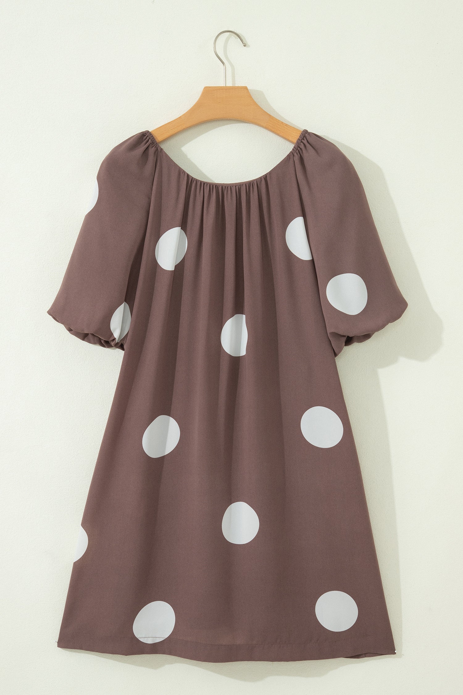 Brown Polka Dot Print Knot Back Short Puff Sleeve Loose Mini Dress