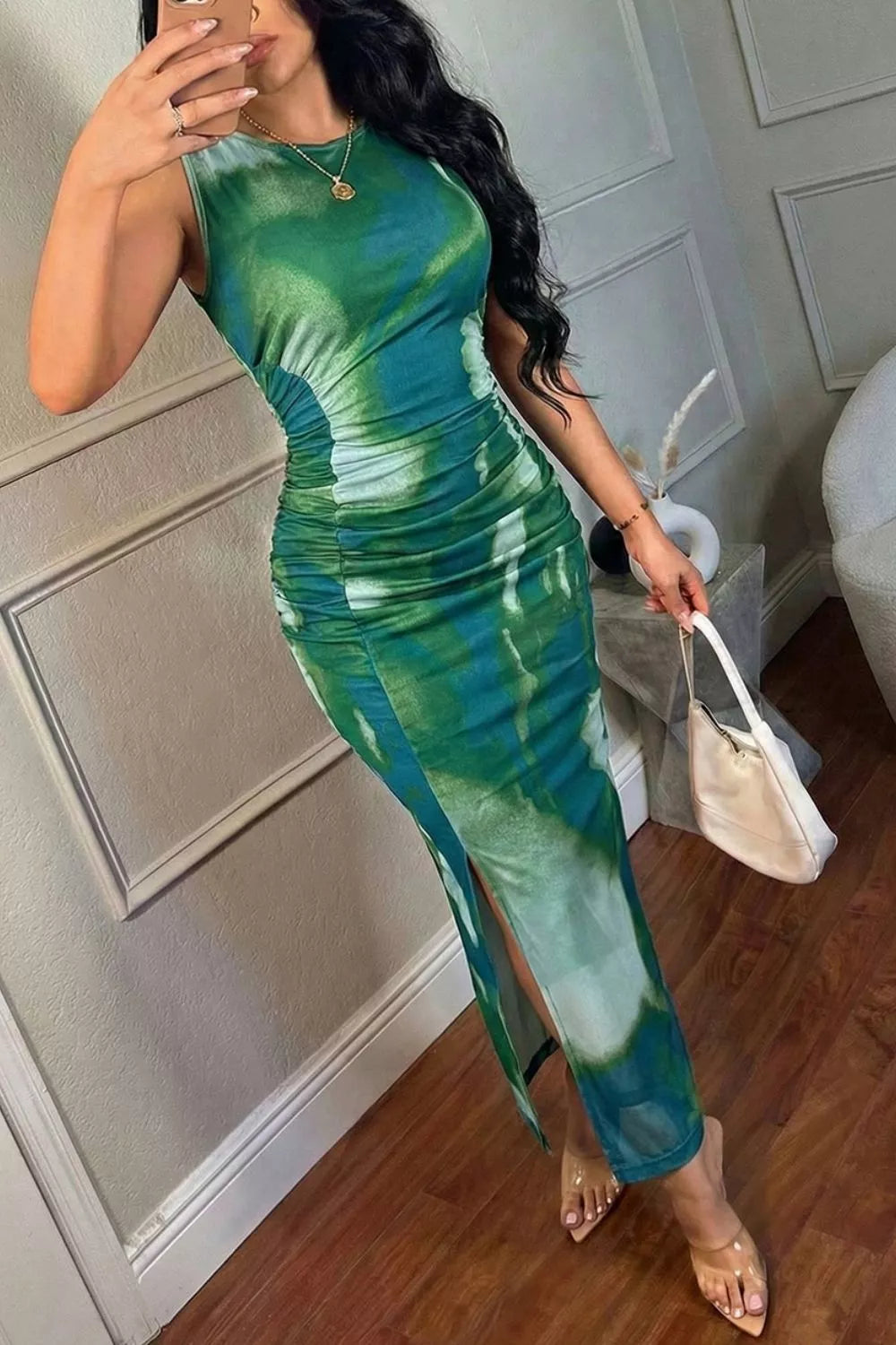 Sleeveless Ruched Tie-Dye Maxi Dress