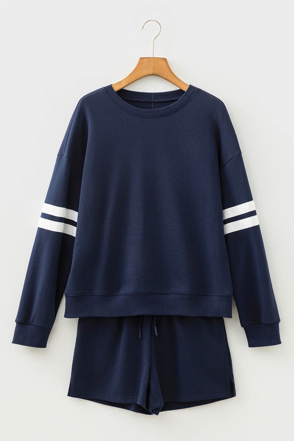 Navy Blue Varsity Striped Sleeve Drop Shoulder Sweatshirt and Short Set