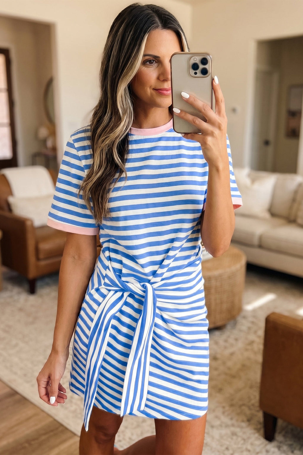 Sky Blue Stripe Nautical Tie Contrast Trim Round Neck T Shirt Mini Dress
