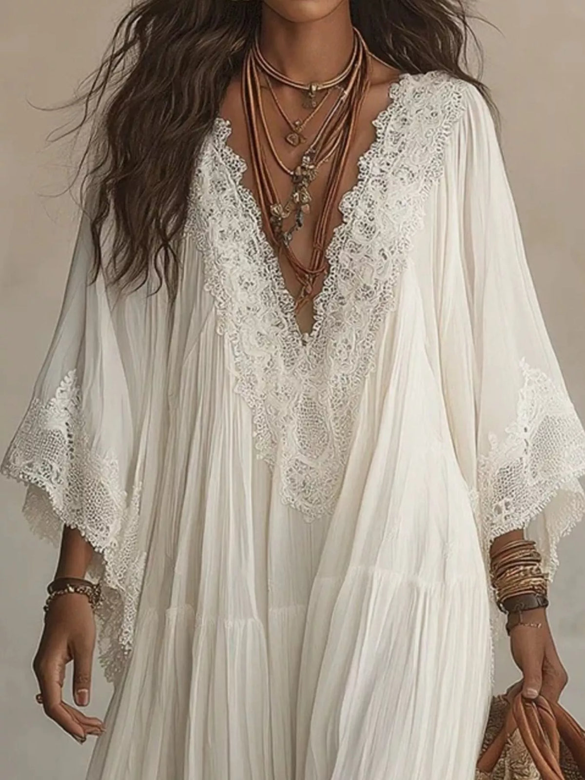 Lace Trim V-Neck Maxi Dress
