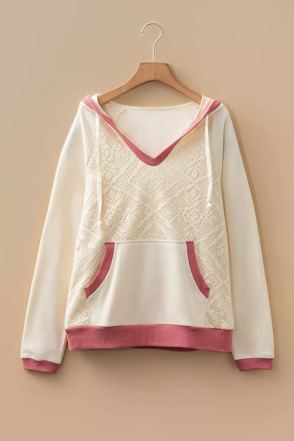 Crochet Knit Contrast Trim Hoodie