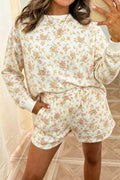 Beige Floral Print Long Sleeve Shift Top Pocketed Shorts 2pcs Set