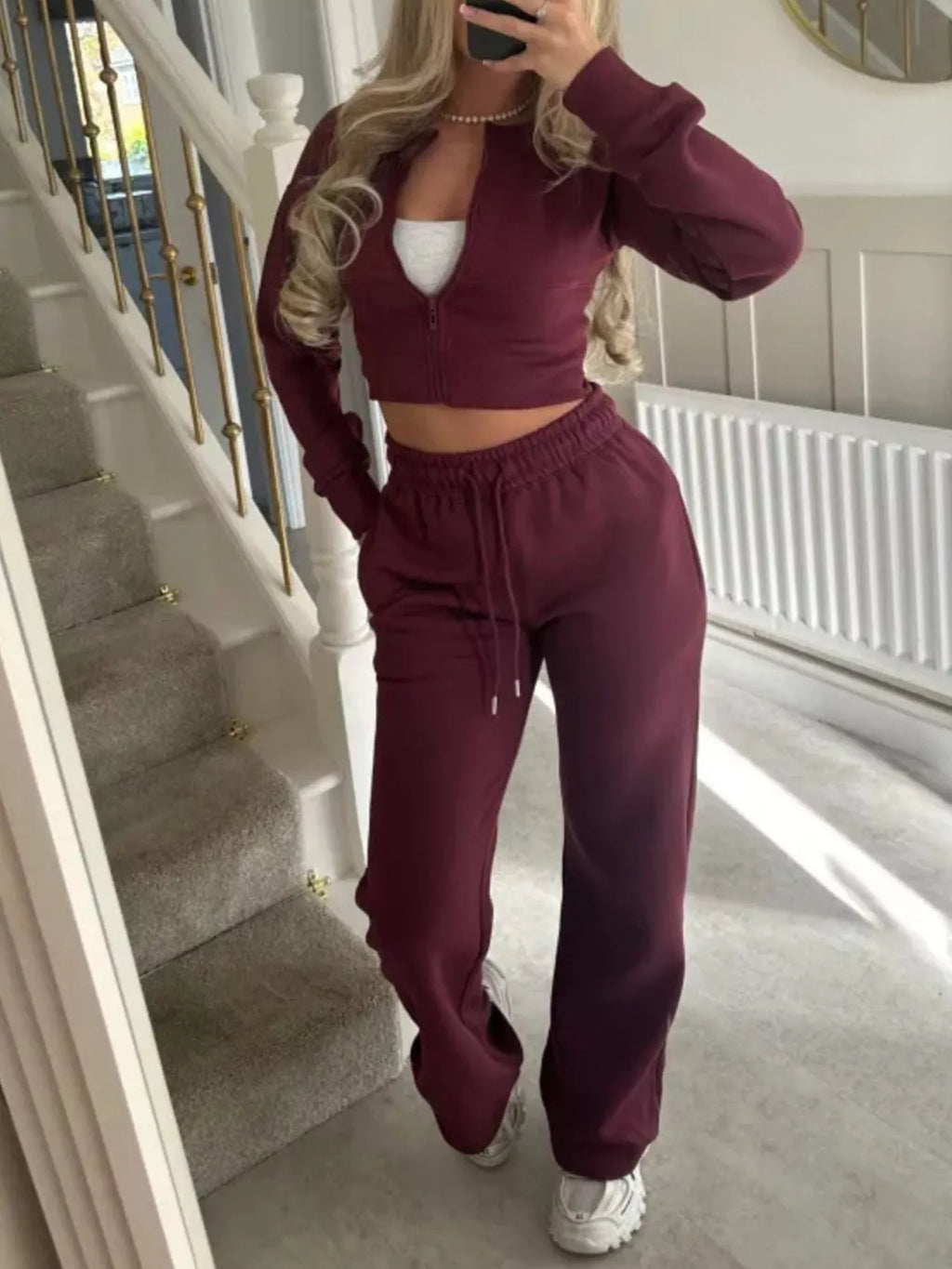 Zip-Up Crop Hoodie and High-Waisted Pants Set