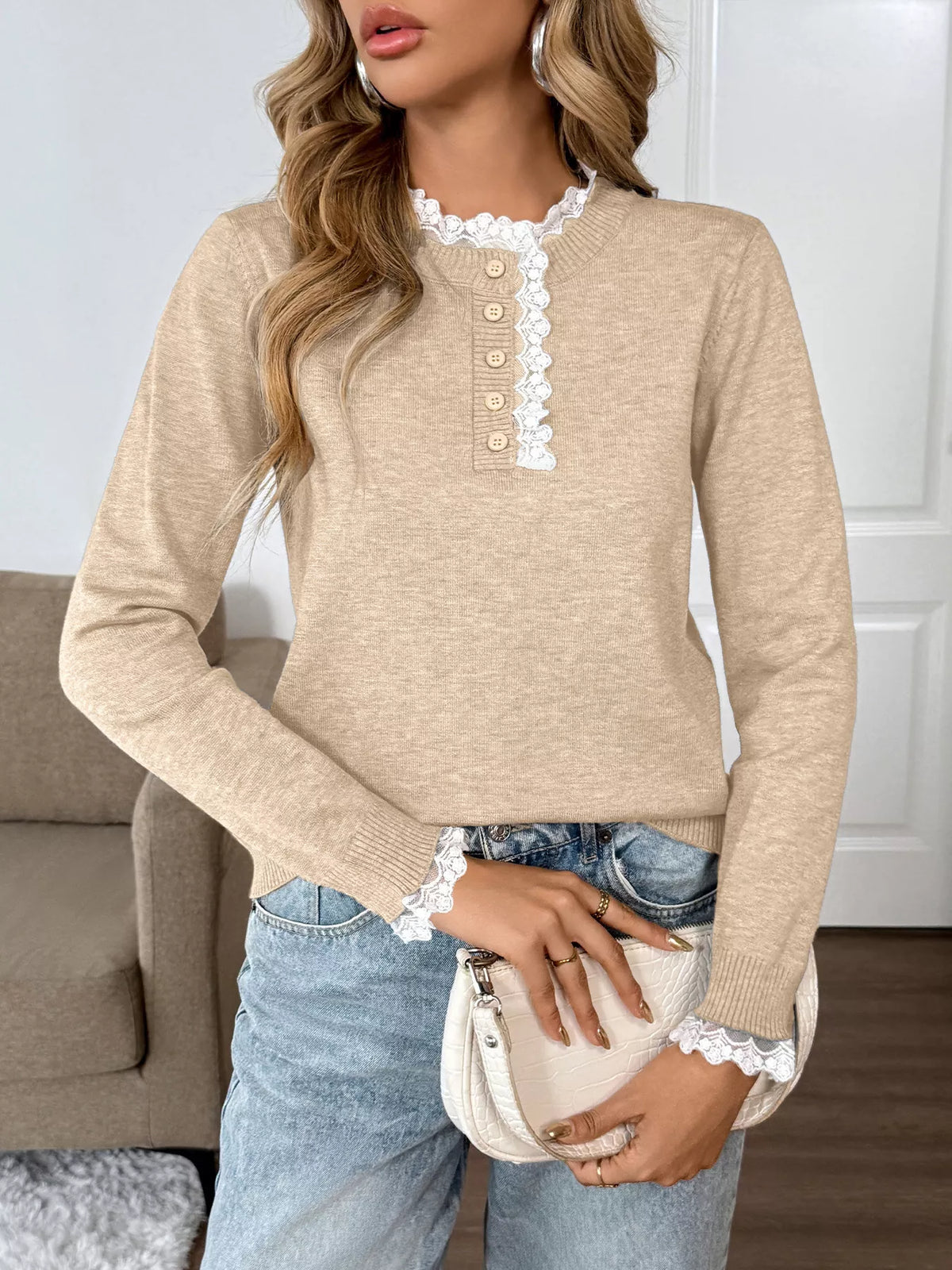 Lace Trim Button Detail Sweater