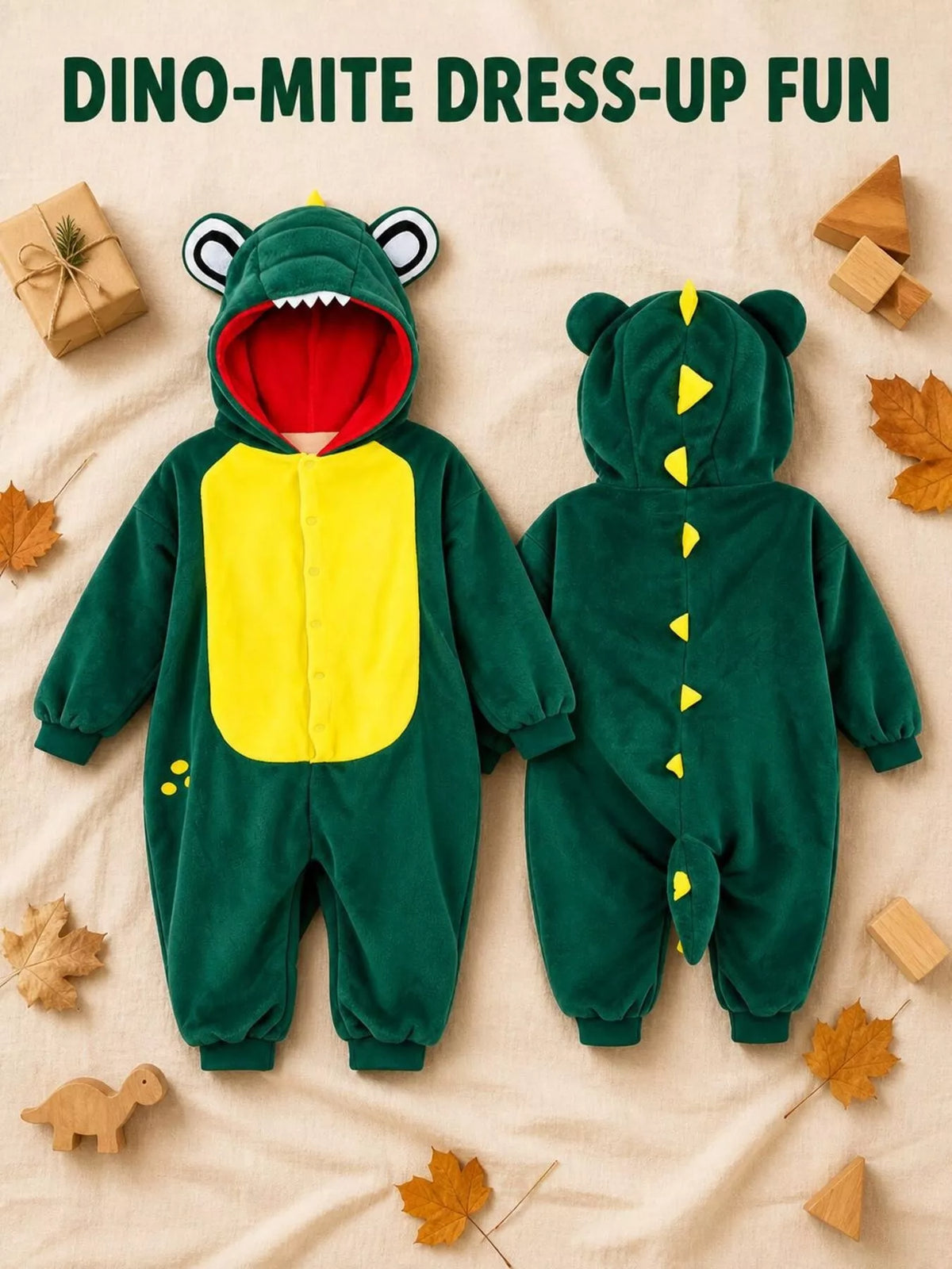 Children's Dinosaur Hooded Fleece One-Piece Jumpsuit