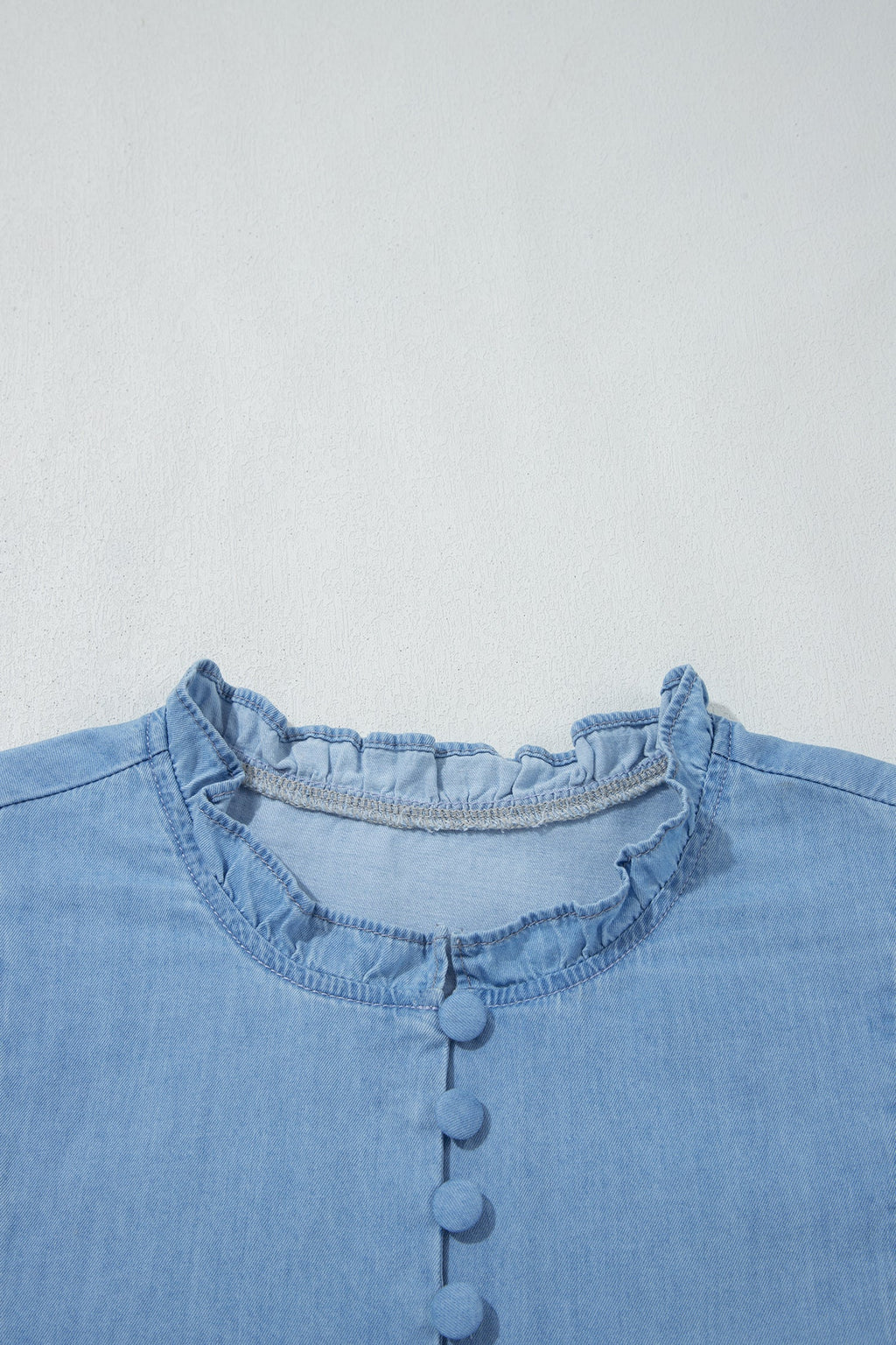 Beau Blue Western Ruffle V Neck Long Sleeve Chambray Blouse
