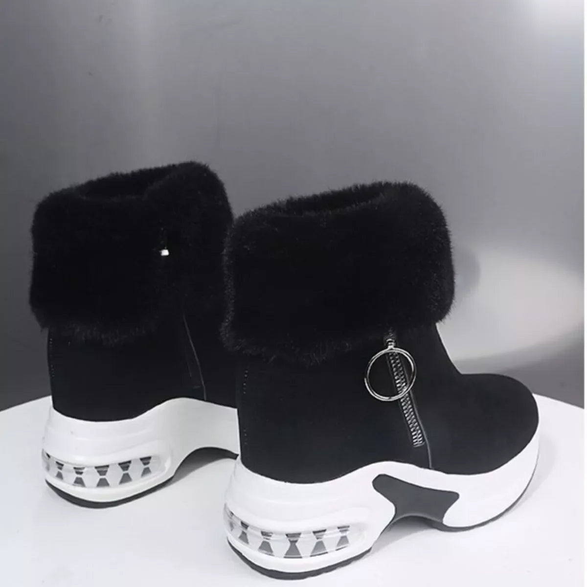 Fuzzy Side Zipper Platform Ankle Boots
