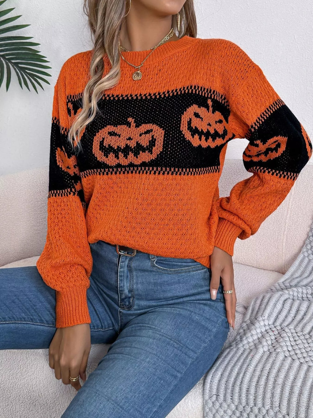 Halloween Pumpkin Pattern Round Neck Sweater