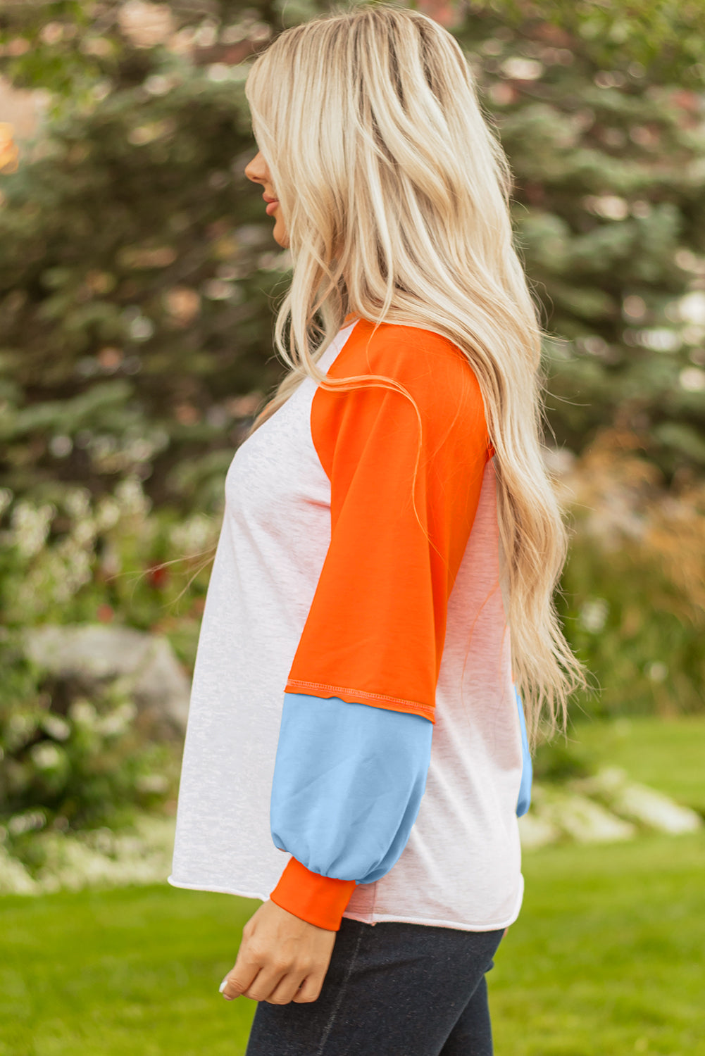 Light Grey Color Block Raglan Sleeve Contrast Stitching Loose Fit Top