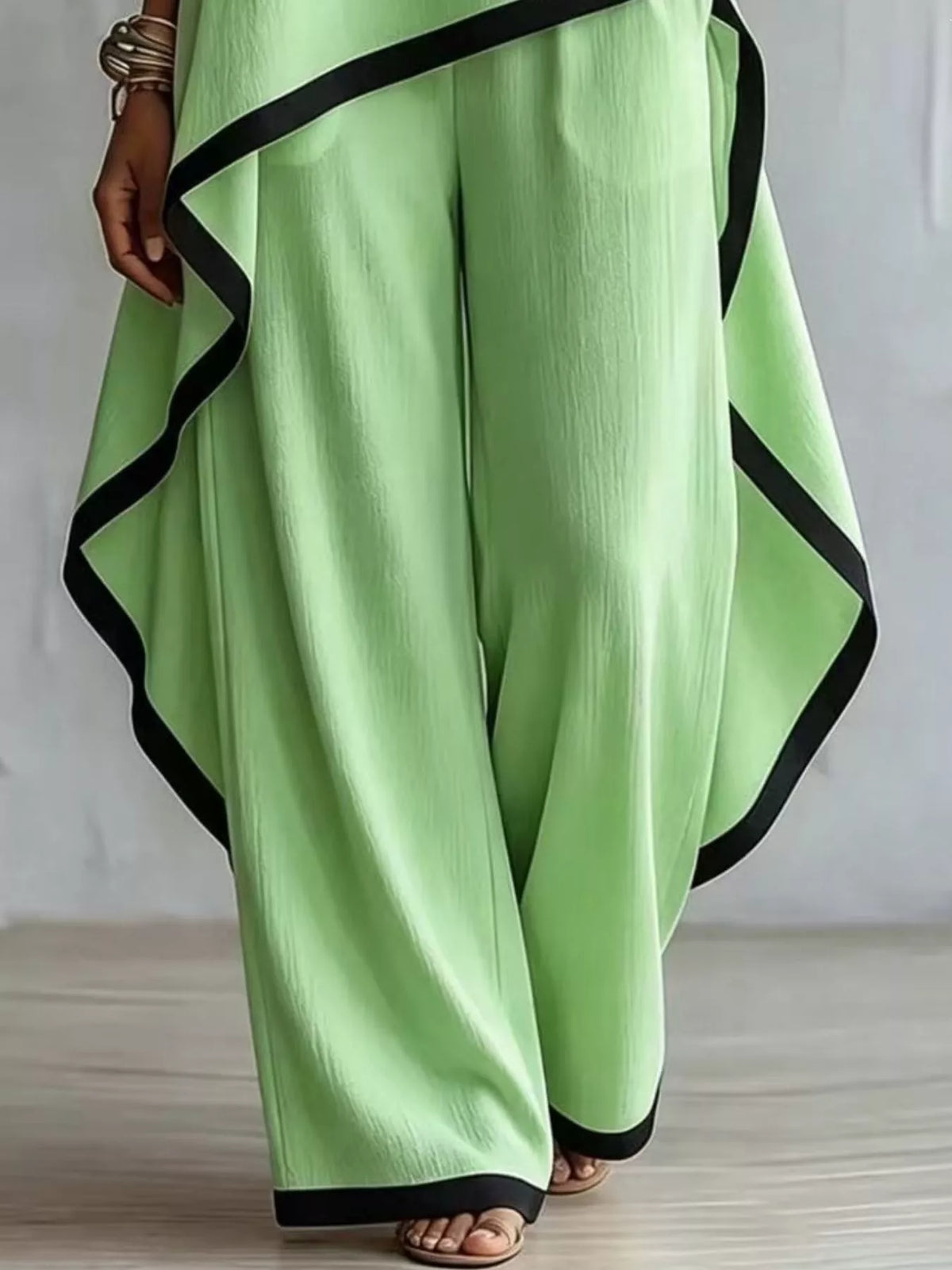 Full Size Contrast Trim High-Low Top and Pants Set Plus Size