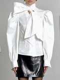 Bow Tie Puffed Sleeves Blouse