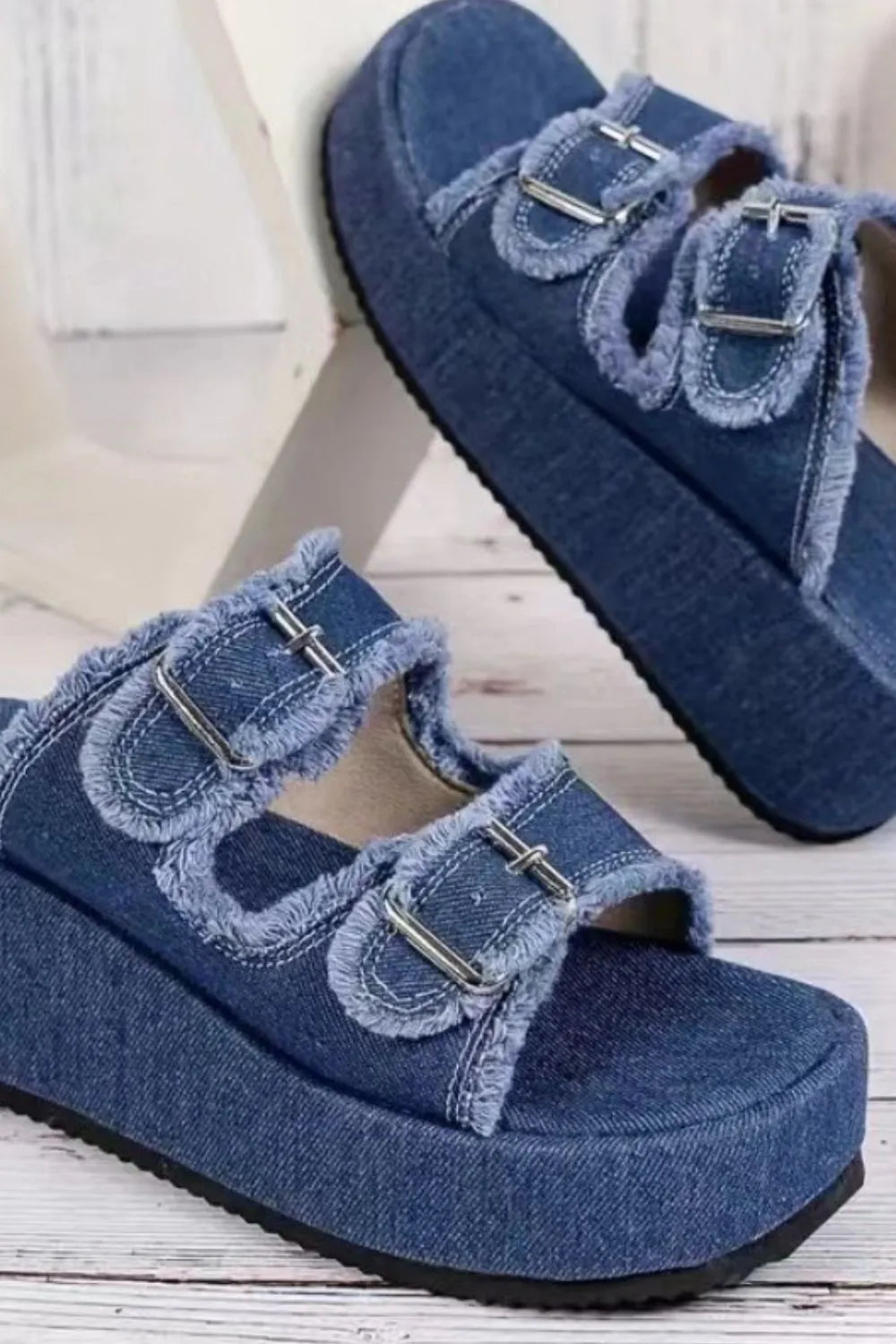 Raw Hem Wedge Buckle Sandals