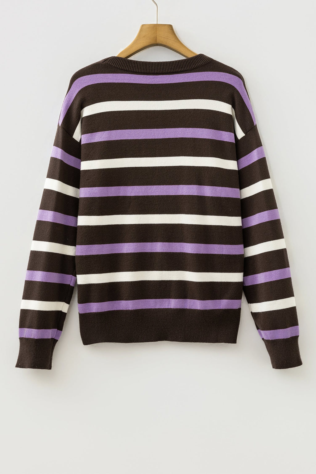 Brown Stripe Embroidered Detail Drop Shoulder Pullover Sweater