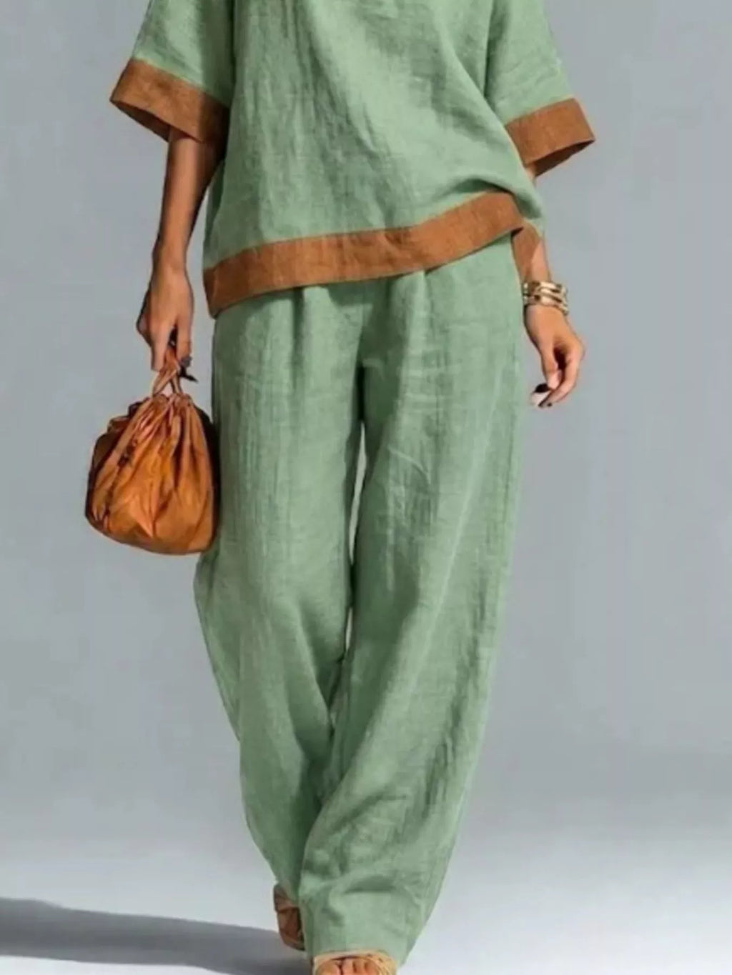 Full Size Contrast Trim Top and Wide Leg Pants Set Plus Size