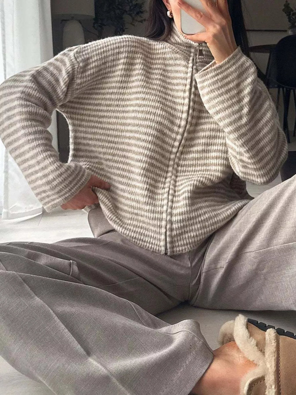 Striped Zip-Up Knit Cardigan