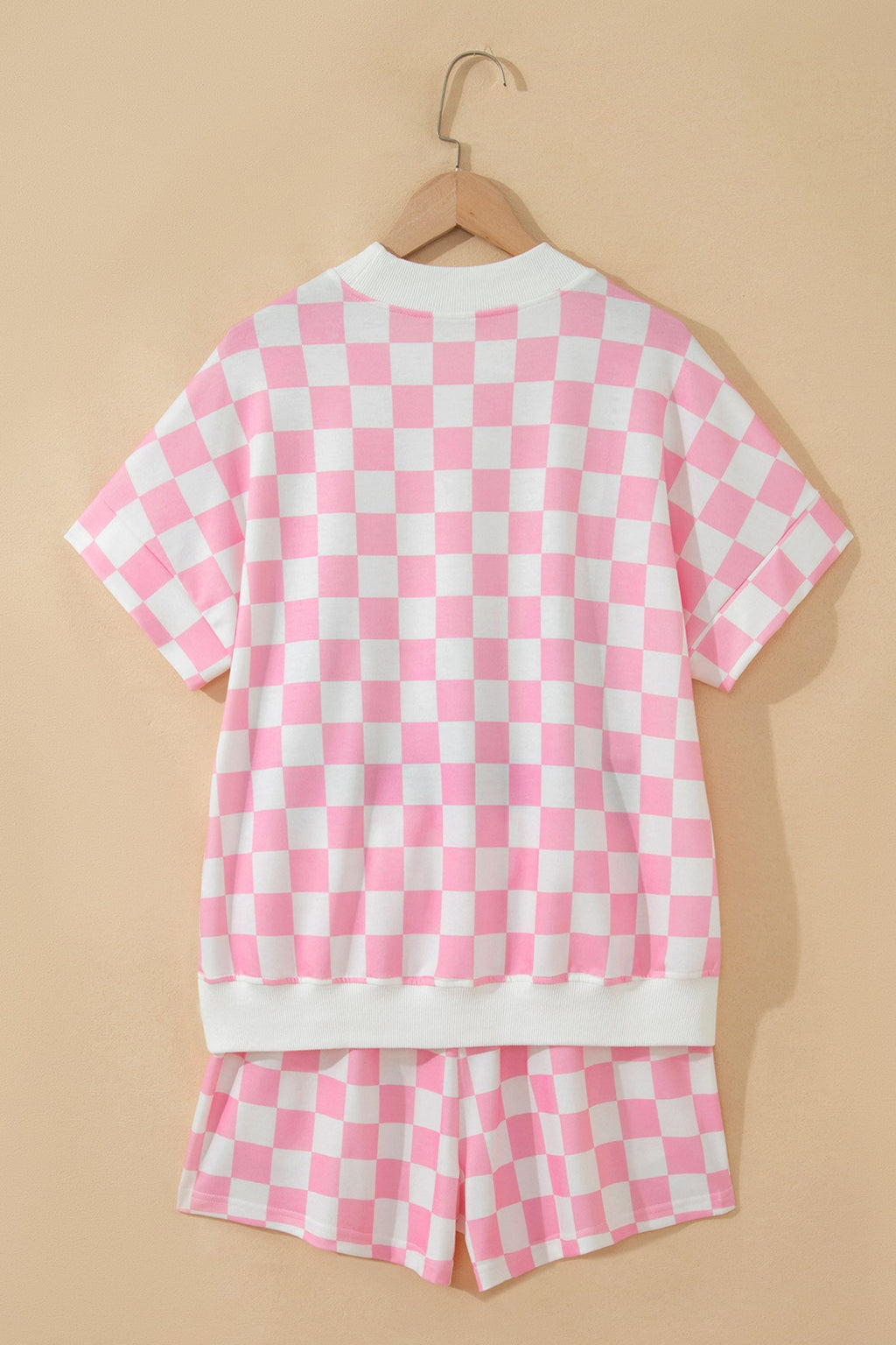 Pink Checkered Print Color Block Trim Mock Neck Short Set