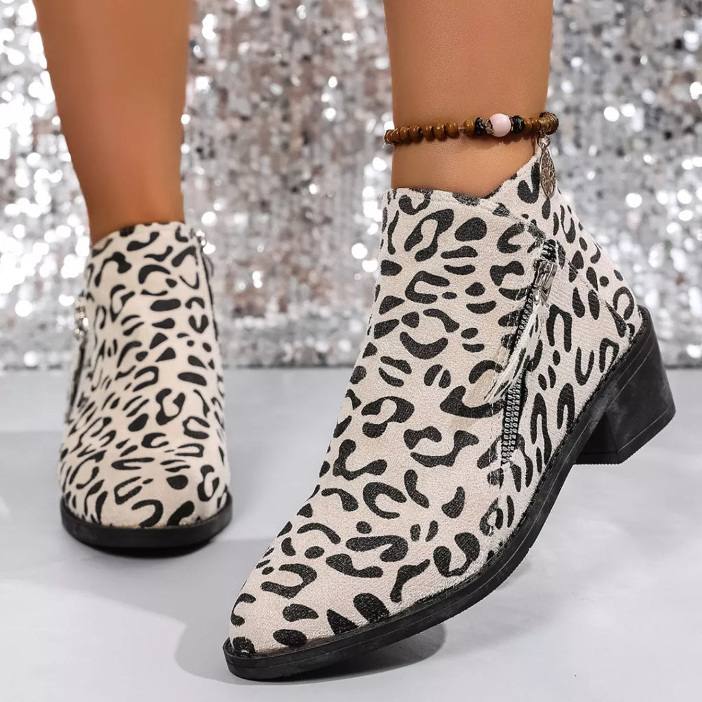 Leopard Block Heel Ankle Boots