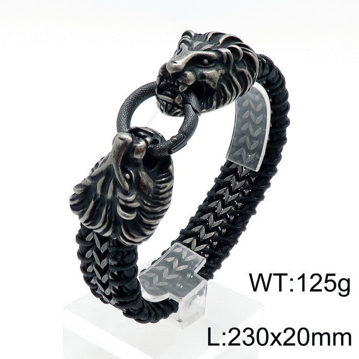 Titanium Steel Wolf Lion Skull Leather Bracelet