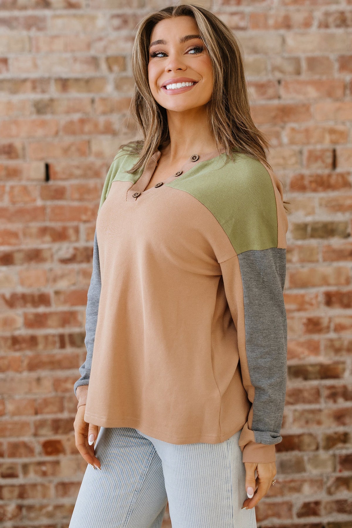 Colorblock Thermal Textured Knit Drop Shoulder Henley Top