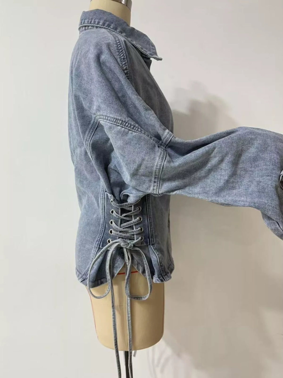 Button Down Lace-Up Side Denim Jacket