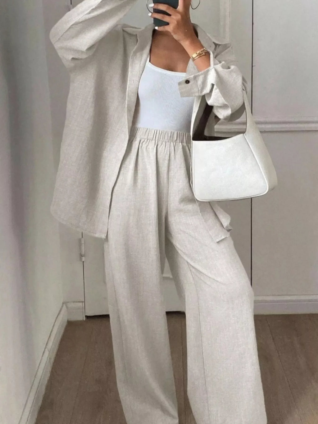Button Up Long Sleeve Shirt and Wide Leg Pants Set
